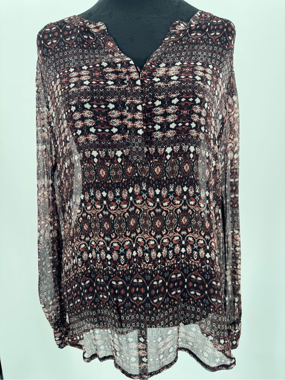 Sanctuary Tribal Print Sheer High-Low Button Front Blouse XS